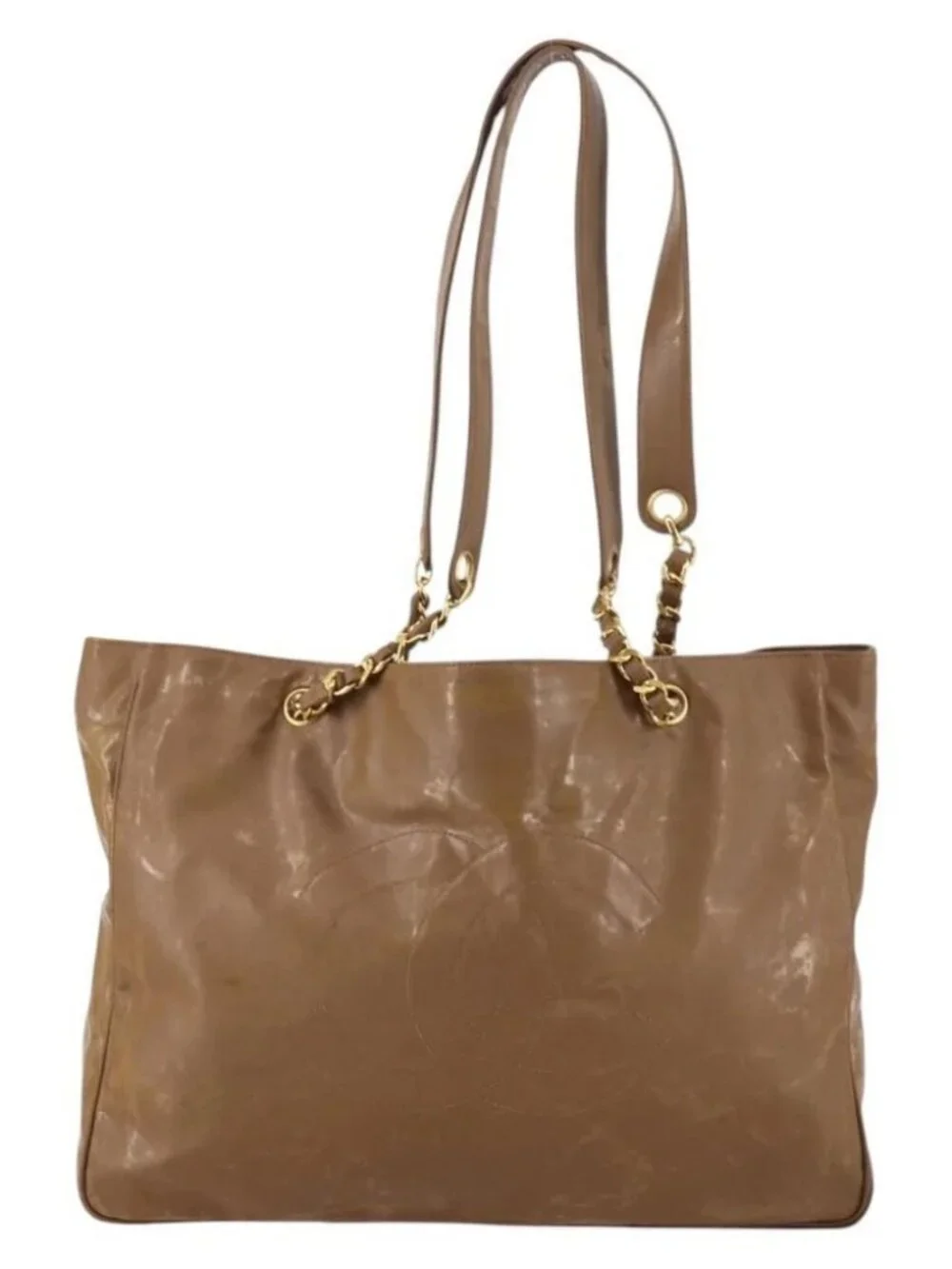 CHANEL Tote Bag Enamel Brown Gold CC Auth bs29208